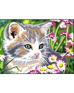 Voorbedrukt canvas/stramien poes in bloemenveld om te borduren van Margot 72.2318