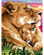Voorbedrukt canvas/stramien knuffelde leeuwin met welp om te borduren van Margot