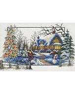 Voorbedrukt borduurpakket Winter huisje op aida Needleart World 640.048
