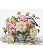 Luca-s borduurpakket vogels met bloemenvaas B7038 telpatroon