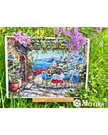 Merejka borduurpakket Santorini, terras uitzicht k230 met telpatroon