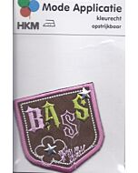 Applicatie bruin met roze, zilvere ster en met Bass als tekst 