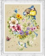 Borduurpakket  bloemenhart met vlinders en vogels  - Magic needle 100-142  met telpatroon
