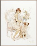 Lanarte borduurpakket meisje op stoel met hond met telpatroon op linnen pn-0007951