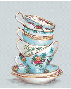 Borduurpakket turquoise themed tea cups om te borduren in kruissteek van Luca-s ba2325