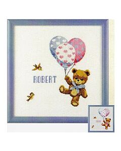 Borduurpakket geboortelap  robert of noor beer met ballonnen van pako met telpatroon