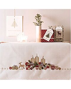 Rico Design Voorbedrukt tafelkleed kerstkaarsen en kado's 31202.54.21 borduren 90x90cm