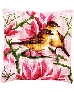 Borduurpakket kruissteekkussen vogeltjes tussen magnolia van Vervaco PN-0191035