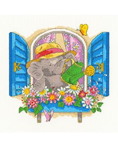 Borduurpakket olifant verzorgt de bloemen van Borty Treads  XEL10