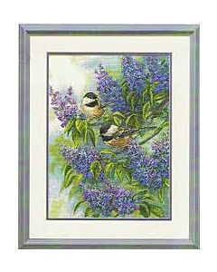  Borduurpakket chickadees and lilacs (seringen met vogels) gold collection dimensions