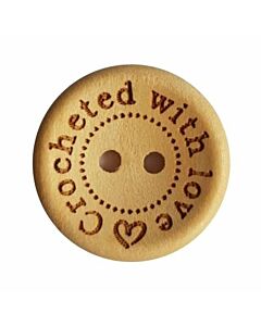 Durable houten tekst knoop Crocheted with love 20mm