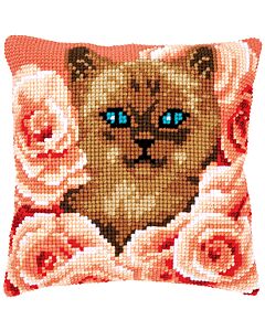 Borduurpakket kruissteekkussen kitten tussen rozen Vervaco pn-0171855