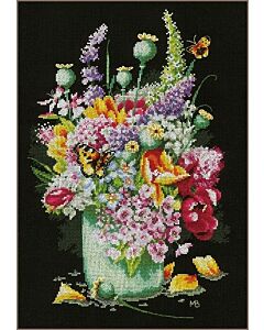 Lanarte borduurpakket  Kleurig bloemenboeket PN-0183477 op zwarte aida  
