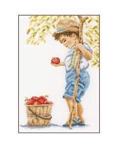 Lanarte borduurpakket jongen met appel PN-0200800 aida telpatroon