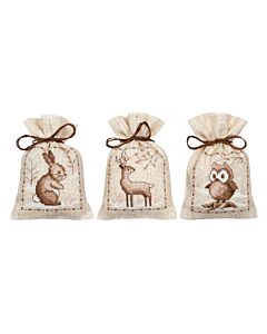 Vervaco borduurpakket 3st. kruidenzakjes winterdiertjes PN-0207196 telpatroon in sepia stijl