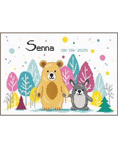 Vervaco borduurpakket geboortetegel beer en konijn in het bos PN-0214340 telpatroon