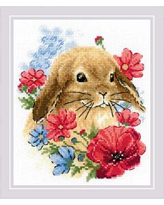 Borduurpakket konijn tussen de bloemen van Riolis 1986 