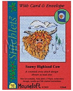Mouseloft borduurpakket kerstkaart ondergesneeuwde hooglander U34stl telpatroon incl. kaart & envelop