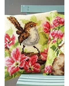 Vervaco borduurpakket vogeltje met roze bloemen pn-0148693  kruissteekkussen