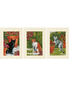 Vervaco wenskaarten met omslag poezen tussen bloemen set van 3 borduren pn-0188672