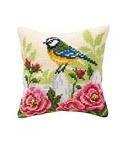Borduurpakket kruissteekkussen vogel op hek van Vervaco pn-0008481