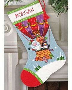 Voorbedrukt borduurpakket Kerstsok Ballonvlucht - Santa's Balloon Ride Stocking dimensions 71.09156