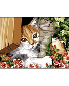 Voorbedrukt canvas poes achter de vogel om te borduren van Margot 153.1413