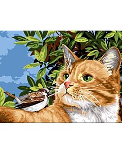 Voorbedrukt canvas poes met  vogel om te borduren van Margot 153.1415